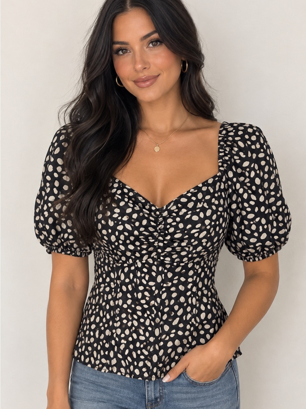 Polka Dot Puff Sleeve Sweetheart Neck Top - Black/Cream
